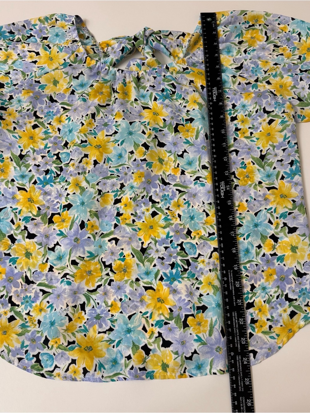 Women Floral Blouse Puff Sleeve Tie Neck Blue Yellow Spring Top Size Large - Picture 4 of 5